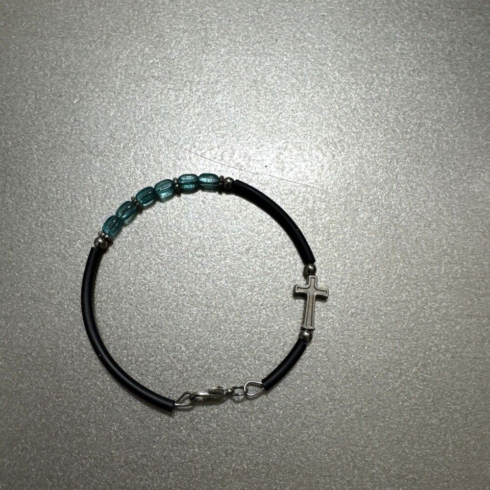Religious Cross Bracelet Black Rubber Teal Beads Silver Tone Faith Jewelry